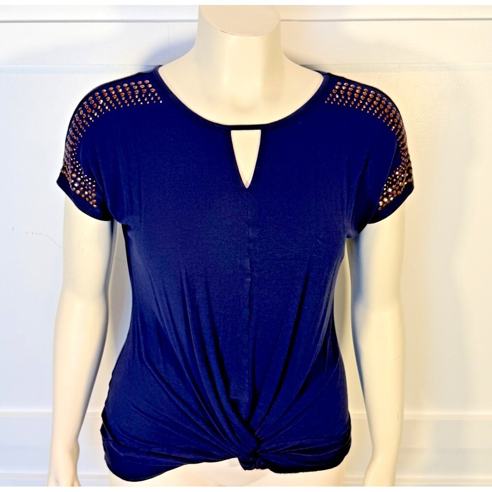Carmen Marc Valvo Blouse Knit Top Womens L Navy w/ Copper Studs Keyhole Neck